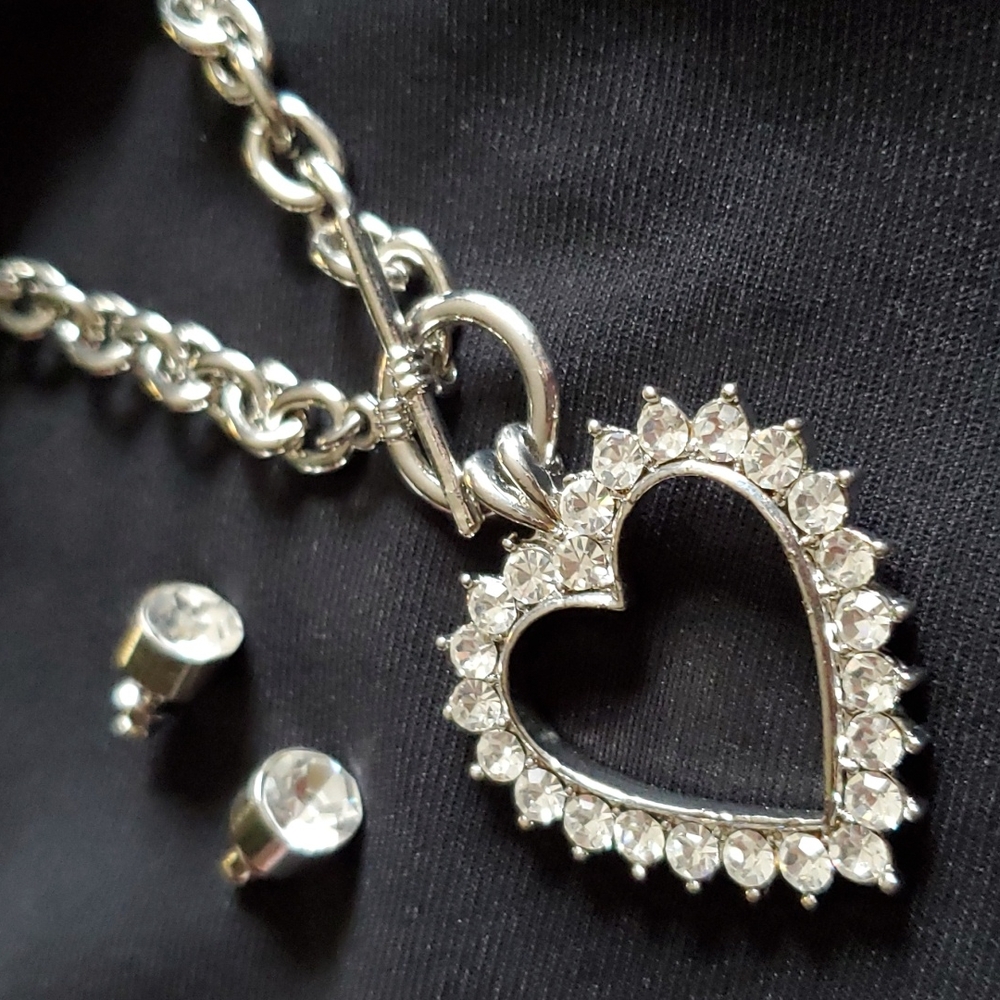 Crystal Heart Necklace & Stud Earrings Set - Silvertone